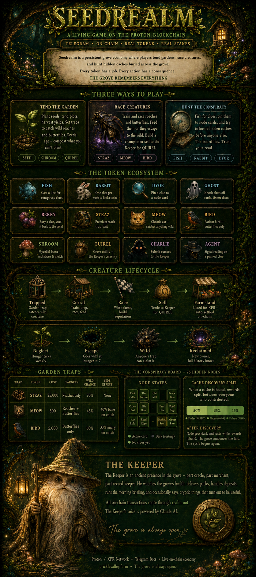 Seedrealm overview infographic — three ways to play, token ecosystem, creature lifecycle, and the conspiracy board